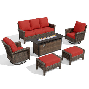 Red Patio Furniture Set, 6-Piece Outdoor Seating Conversation Sets with High Back Wicker Sofa, Swivel Chairs with 5.5