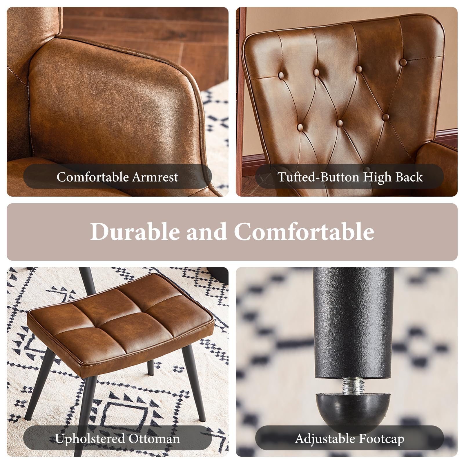 PU Leather Accent Chair with Ottoman, Upholstered Reading Chair with High Backrest, Tufted-Button Wingback Armchair for Bedroom, Dressing Room, Home Office, Brown