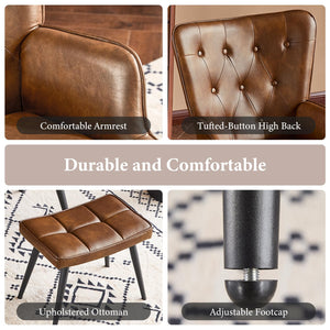 PU Leather Accent Chair with Ottoman, Upholstered Reading Chair with High Backrest, Tufted-Button Wingback Armchair for Bedroom, Dressing Room, Home Office, Brown