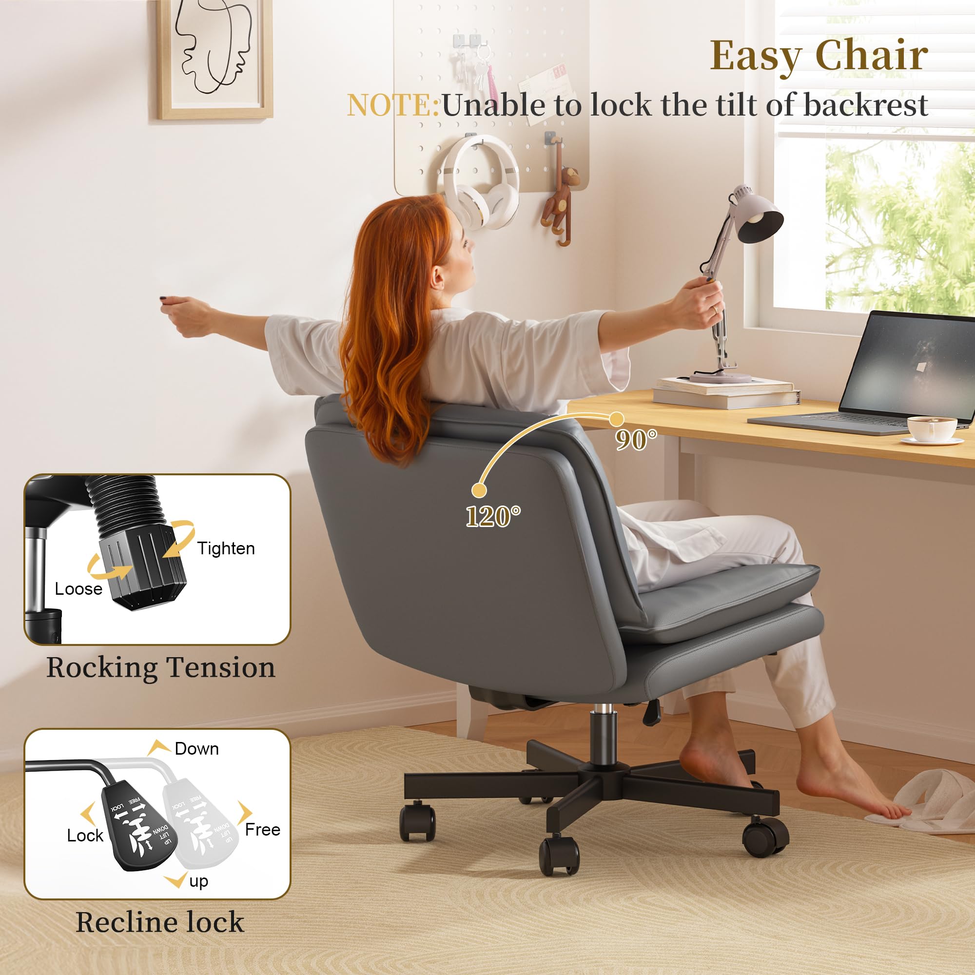 Ergonomic Office Chair, Comfy Criss Cross Chair with Wheels and 2 Layer Cushion, Wide Swivel Chair for Bedroom, Home Office, Makp-up Room, PU Leather, Grey