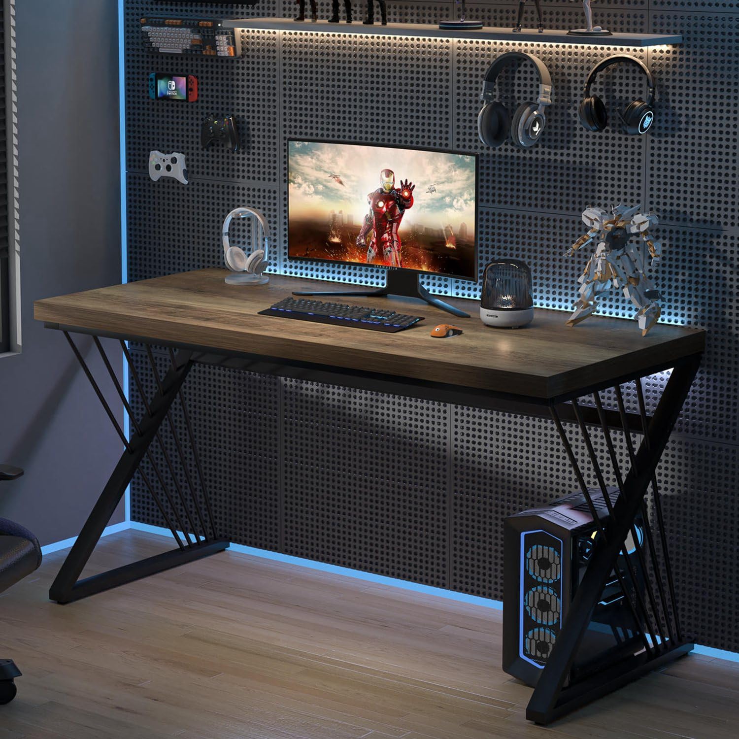 Computer Desk, Wood and Metal Study Writing Gaming Table for Bedroom Living Room, Rustic Oak, 53 Inch
