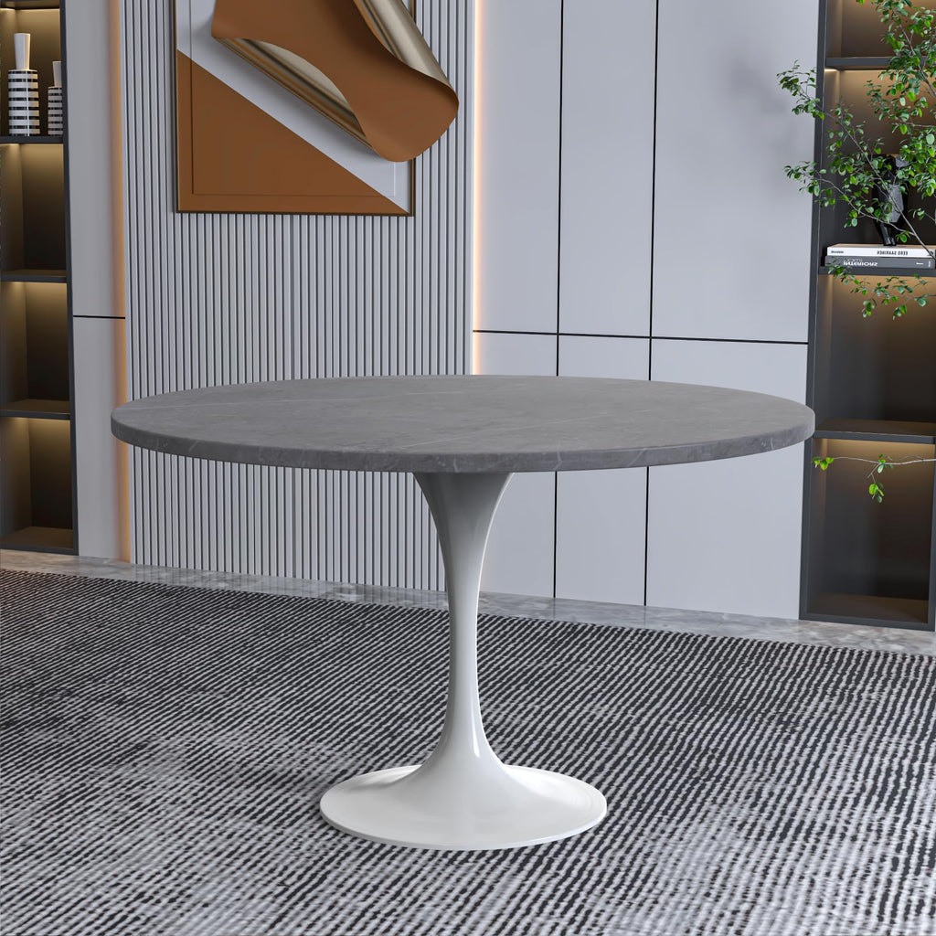 Modern 48" Round Dining Table with Sintered Stone Tabletop in White Steel Pedestal Base for Kitchen and Dining Room (Grey)