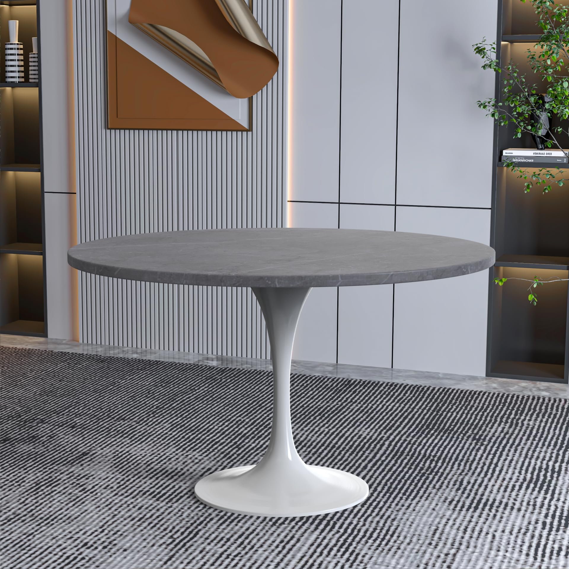 Modern 48" Round Dining Table with Sintered Stone Tabletop in White Steel Pedestal Base for Kitchen and Dining Room (Grey)