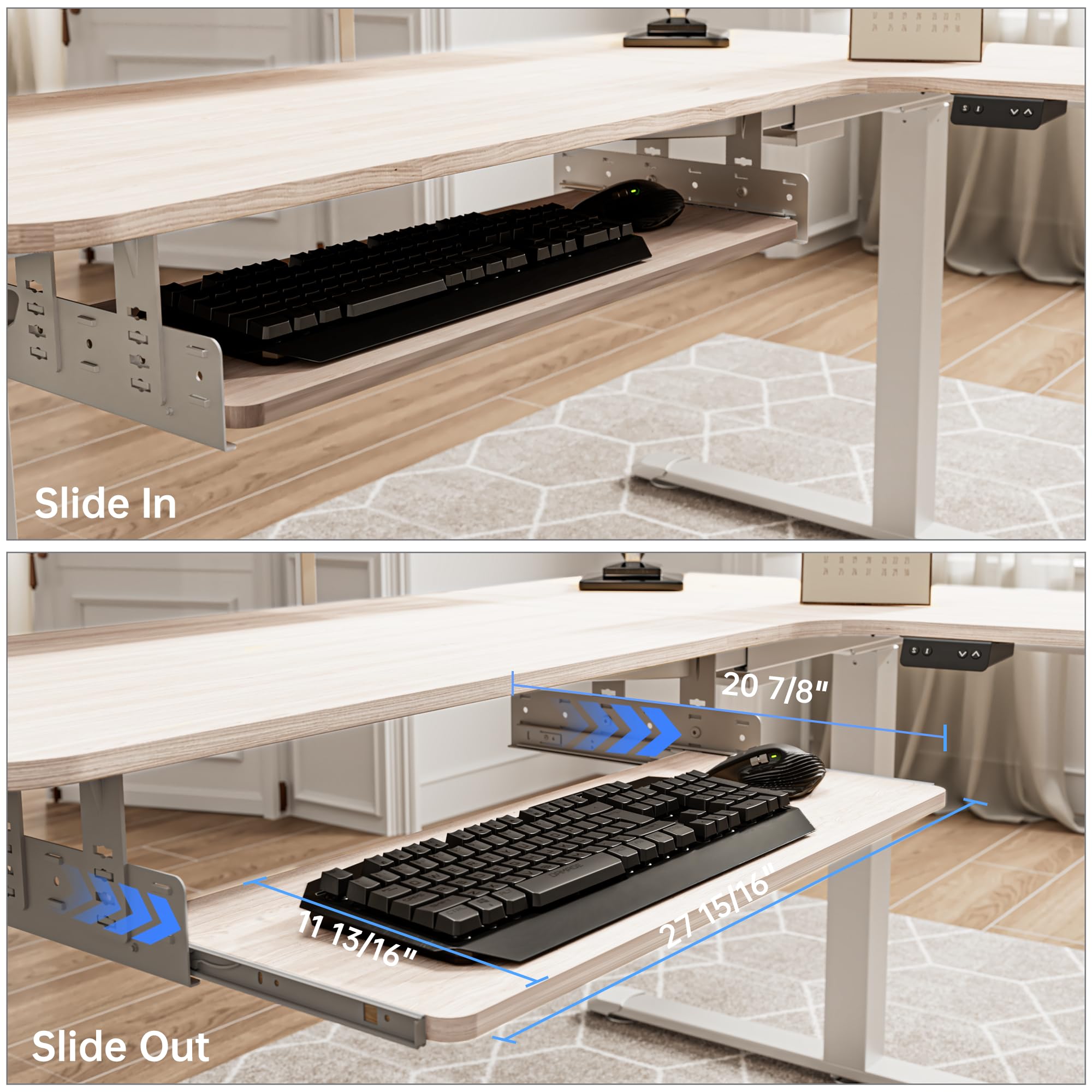 Adjustable Keyboard Tray Under Desk, 28x11 Inch Large Slide Out Keyboard & Mouse Platform Tray, Wooden Pull Out Computer Keyboard Drawer for Typing Home Office Desk, Maple
