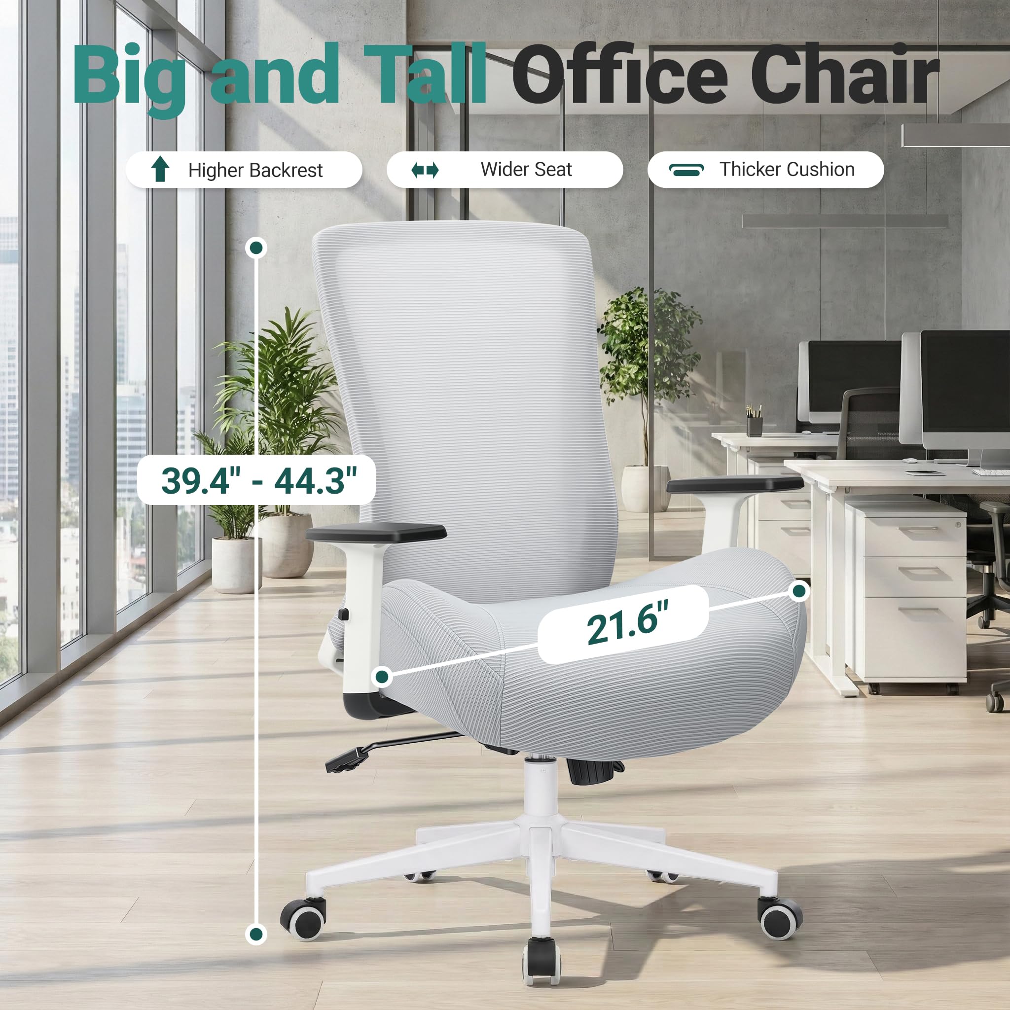 Big and Tall Home Office Desk Chair 500lb Capacity for Heavy People, Ergonomic Wide Mesh Desk Chair with Stepless Recline & Lock, 5.5" Thick Cushion, High Back, Adjustable Height & Armrests