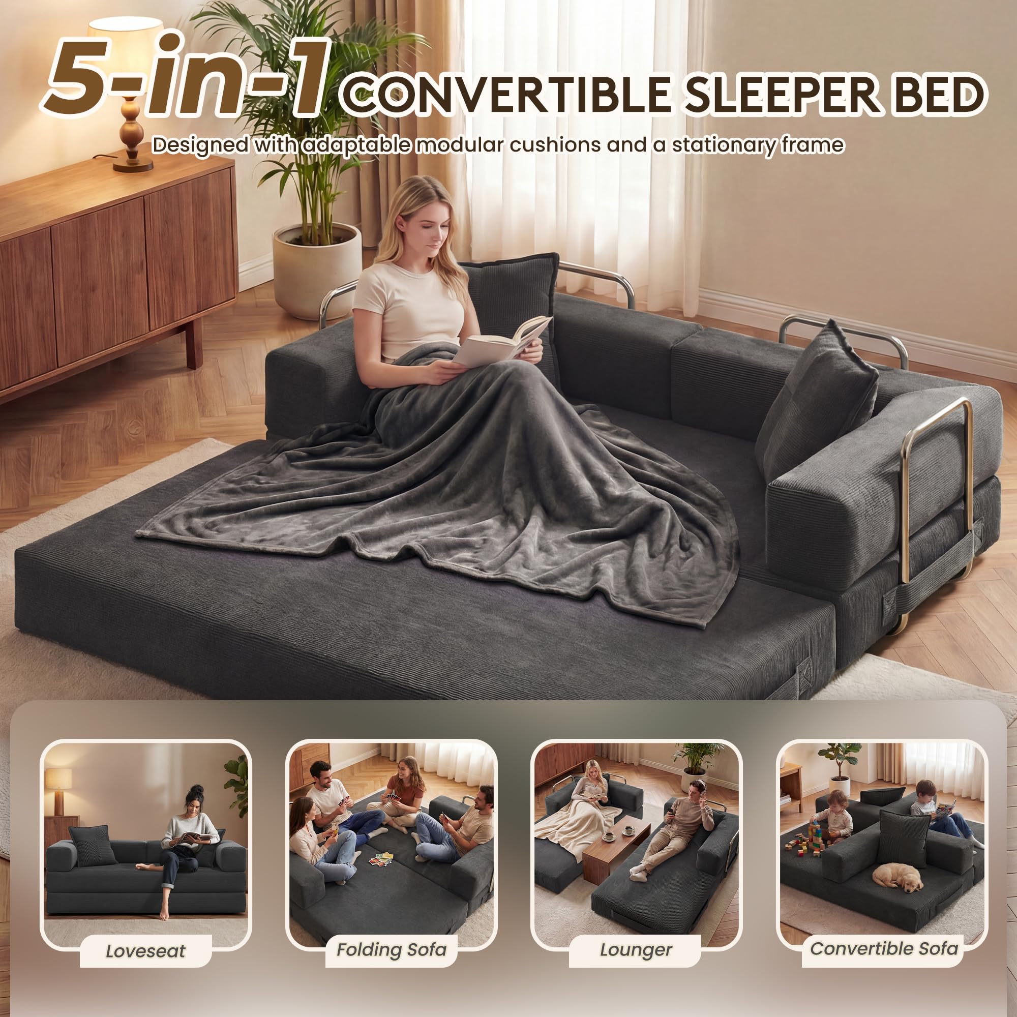 78 Inch Convertible Sofa Bed, 5-in-1 Futon Sofa Bed Pull Out Couch, Boneless Couch Bed for Living Room, Corduroy Boneless Couches for Bedroom, Apartment, No Assembly Sleeper Sofa Bed, Gray
