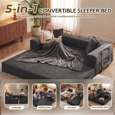 78 Inch Convertible Sofa Bed, 5-in-1 Futon Sofa Bed Pull Out Couch, Boneless Couch Bed for Living Room, Corduroy Boneless Couches for Bedroom, Apartment, No Assembly Sleeper Sofa Bed, Gray