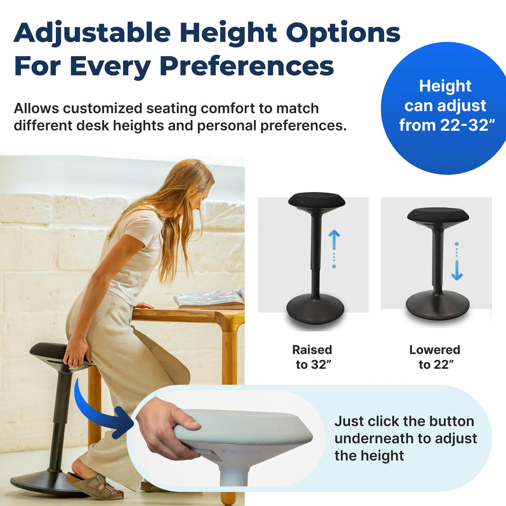 Standing Desk Stool Chair, Height Adjustable Stool 21-31 inch for Office and Classroom, Swivel Stool, Anti-Slip Bottom Ergonomic Wobble Stool with Rocking Motion, White