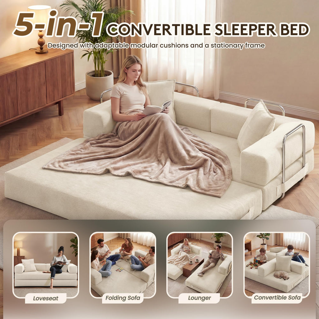 78 Inch Convertible Sofa Bed, 5-in-1 Futon Sofa Bed Pull Out Couch, Boneless Couch Bed for Living Room, Corduroy Boneless Couches for Bedroom, Apartment, No Assembly Sleeper Sofa Bed, Beige