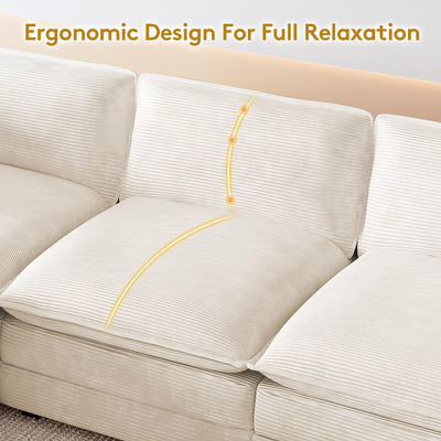 112'' Oversized Modular Sectional Cloud Couch with Movable Ottoman, 4 Seat Modern Corduroy Sofa, Deep Seat L Shaped Couch for Living Room Bedroom Apartment, Cream