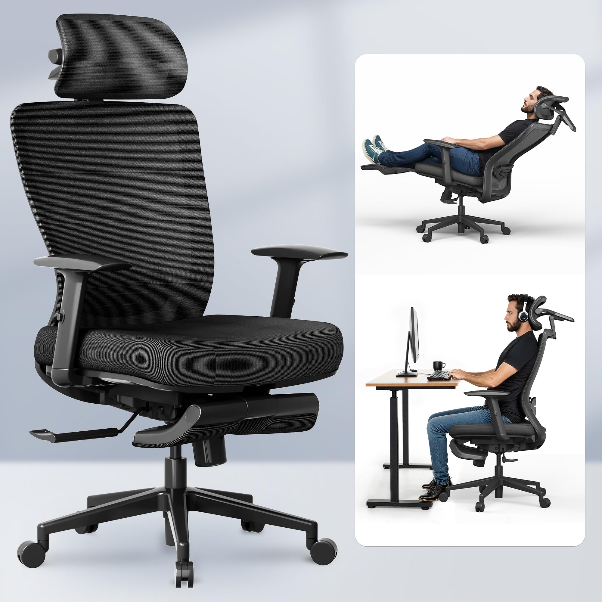 Ergonomic Office Chair with Footrest, Mesh High Back Computer Chair, Home Office Desk Chairs, with Adjustable Lumbar Support/2D Headrest/Reliable Base, OC3 Cloud-F, Black