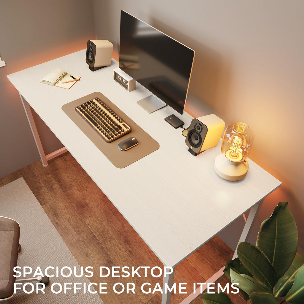 Computer Desk, 48 Inch Office Desk, Gaming Desk with Storage, Writing Desk Work Desk for Home Office, Study, Modern Simple Desk, Large Legroom, Metal Frame, White