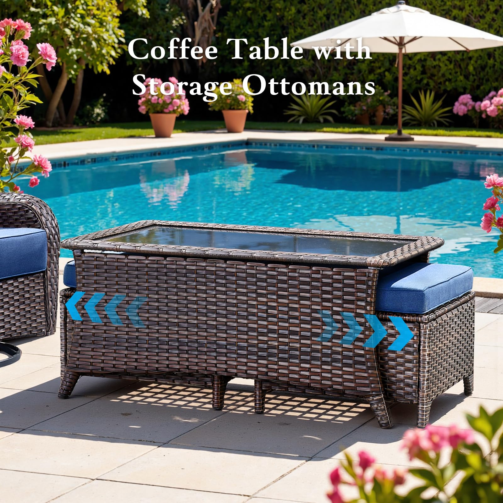 Luxury 6" Thick Cushioned 7 Pieces Patio Furniture Set with Fire Pit Table, Wicker Outdoor Conversation Set with High Back Swivel Rocker Chairs for Deck Porch Yard and Poolside - Brown+Blue