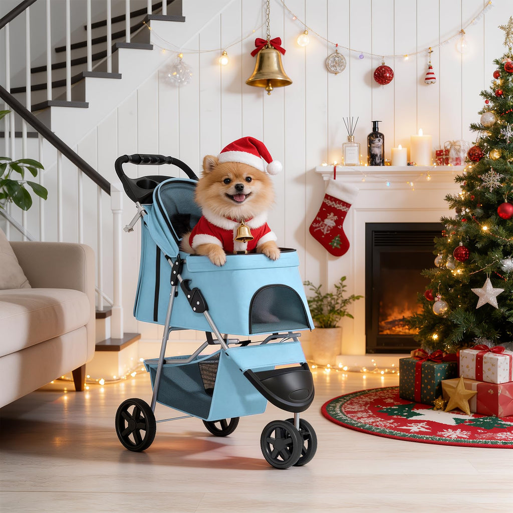 3 Wheels Pet Dog Cat Stroller for Small Medium Dogs Cats, Lightweight Foldable Jogger Stroller w/Storage Basket and Cup Holder, Mint Green