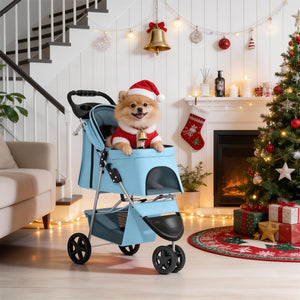 3 Wheels Pet Dog Cat Stroller for Small Medium Dogs Cats, Lightweight Foldable Jogger Stroller w/Storage Basket and Cup Holder, Mint Green
