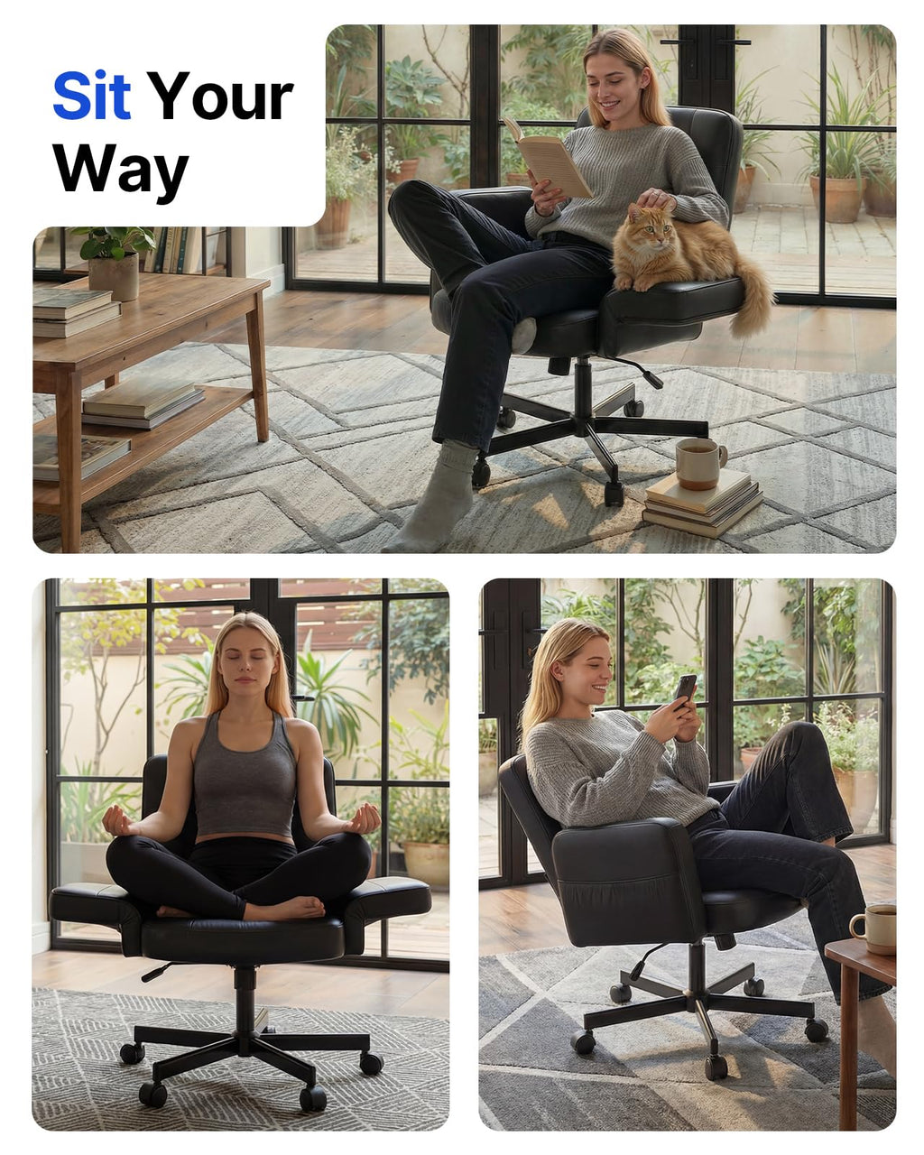 Criss Cross Chair with 6-Point Adjustable Armrests, Pet-Friendly Criss Cross Office Chair, Comfortable Cross Leg Chair with Wide Seat, Durable PU Leather, Side Storage Pocket, Easy Assembly