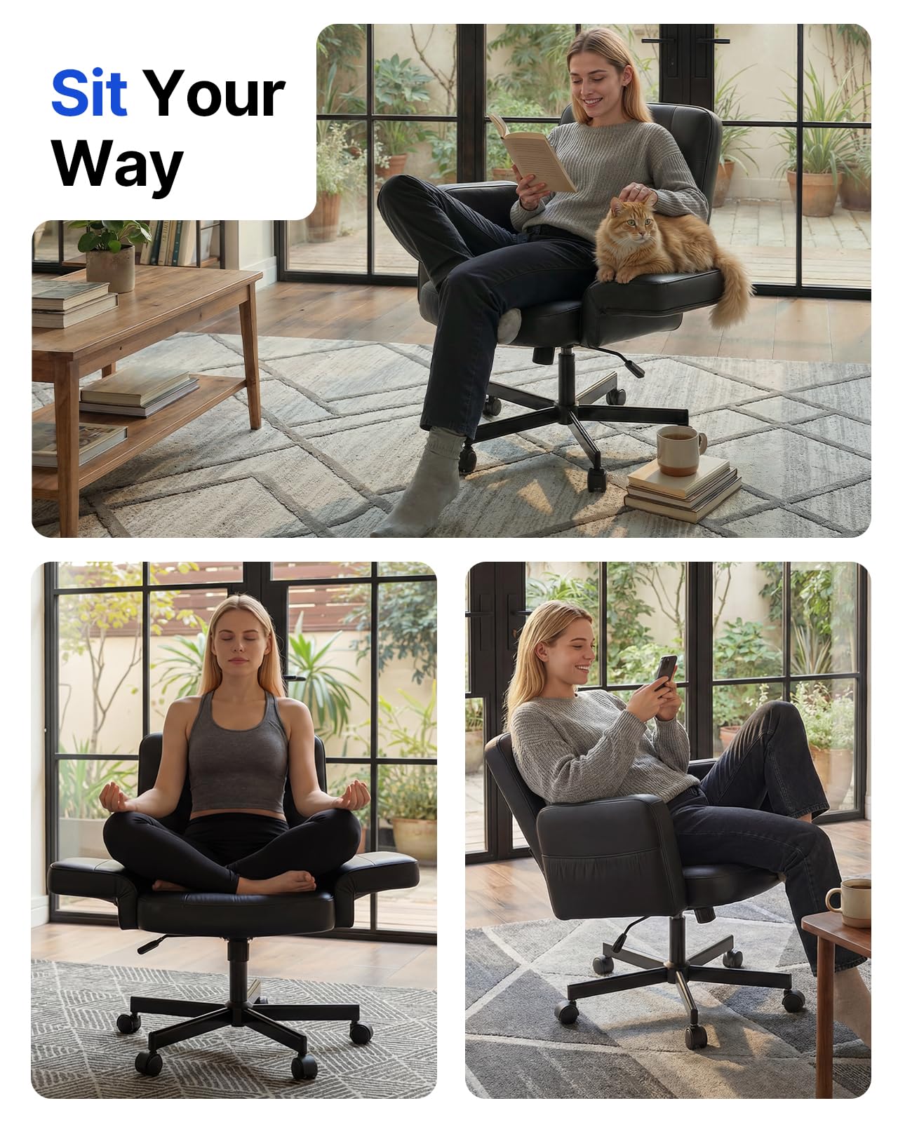 Criss Cross Chair with 6-Point Adjustable Armrests, Pet-Friendly Criss Cross Office Chair, Comfortable Cross Leg Chair with Wide Seat, Durable PU Leather, Side Storage Pocket, Easy Assembly