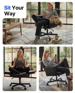 Criss Cross Chair with 6-Point Adjustable Armrests, Pet-Friendly Criss Cross Office Chair, Comfortable Cross Leg Chair with Wide Seat, Durable PU Leather, Side Storage Pocket, Easy Assembly