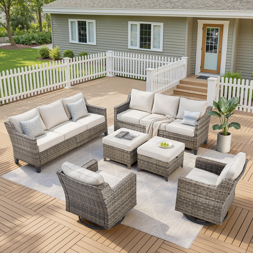 Outdoor Patio Furniture Set-6 Piece High Back Outdoor Furniture Set Sectional Sofa with Wicker Swivel Rocker Patio Chairs,Thick Cushions Ottomans for Porch Balcony Patio Deck Grey/Beige