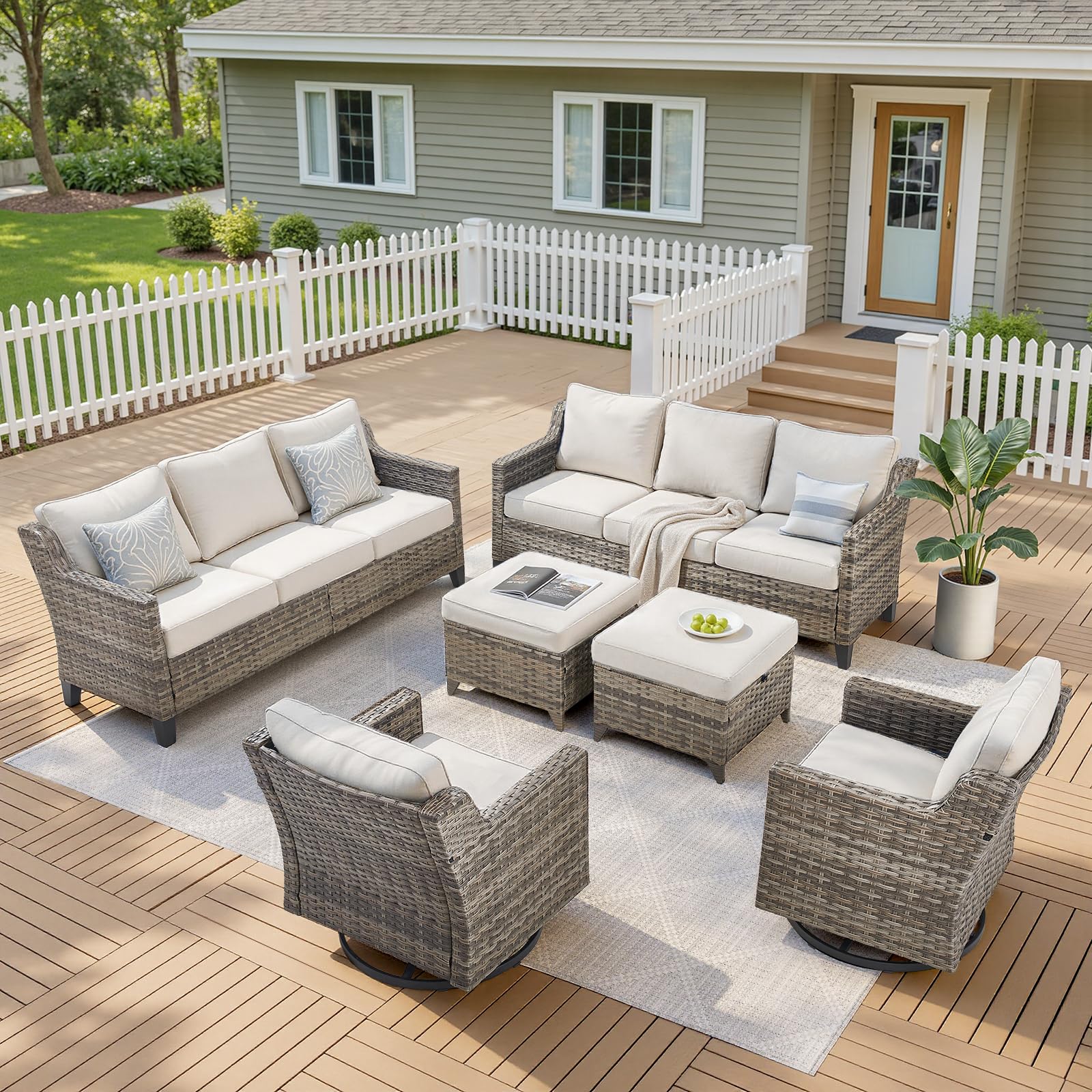 Outdoor Patio Furniture Set-6 Piece High Back Outdoor Furniture Set Sectional Sofa with Wicker Swivel Rocker Patio Chairs,Thick Cushions Ottomans for Porch Balcony Patio Deck Grey/Beige