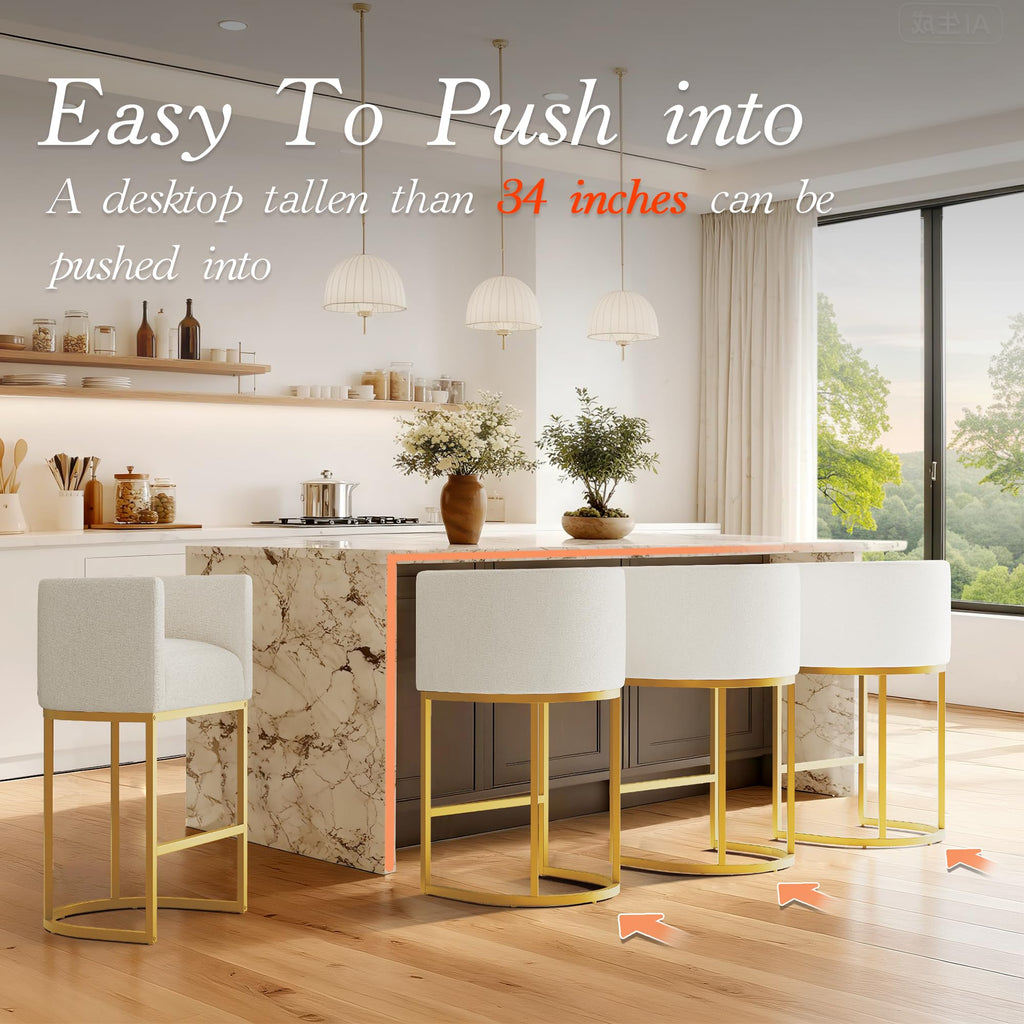 26" Modern Counter Height Bar Stools,Fabric Upholstered Barrel Barstools with Backs,Island Chairs bar stools Set of 1,Metal Gold Frames,Off White Linen