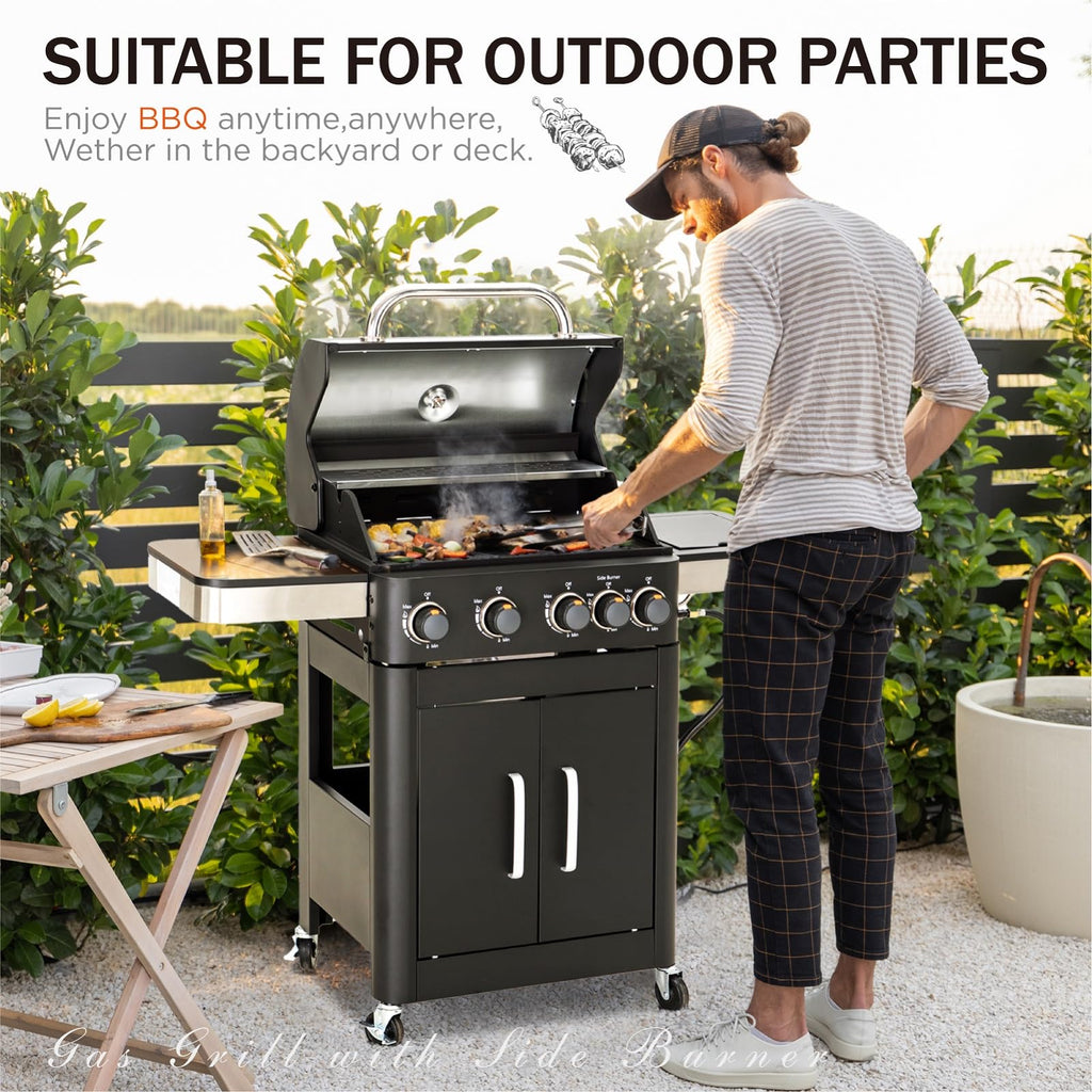 4-Burner Gas BBQ Grill with Side Burner & Porcelain-Enameled Cast Iron Grates, Outdoor Cooking Propane Grills Cabinet Style Garden Barbecue Grill, 46,700BTU, Black
