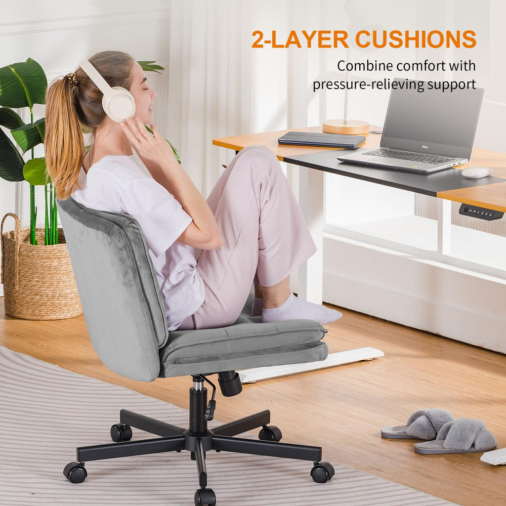 Cross Legged Office Chair with Wheels Armless-Office Desk Chair, Modern Vanity Computer Task Chairs for Home Bedroom, Comfortable Wide Seat for Lower Back Pain Relief, Soft Velvet, Gray