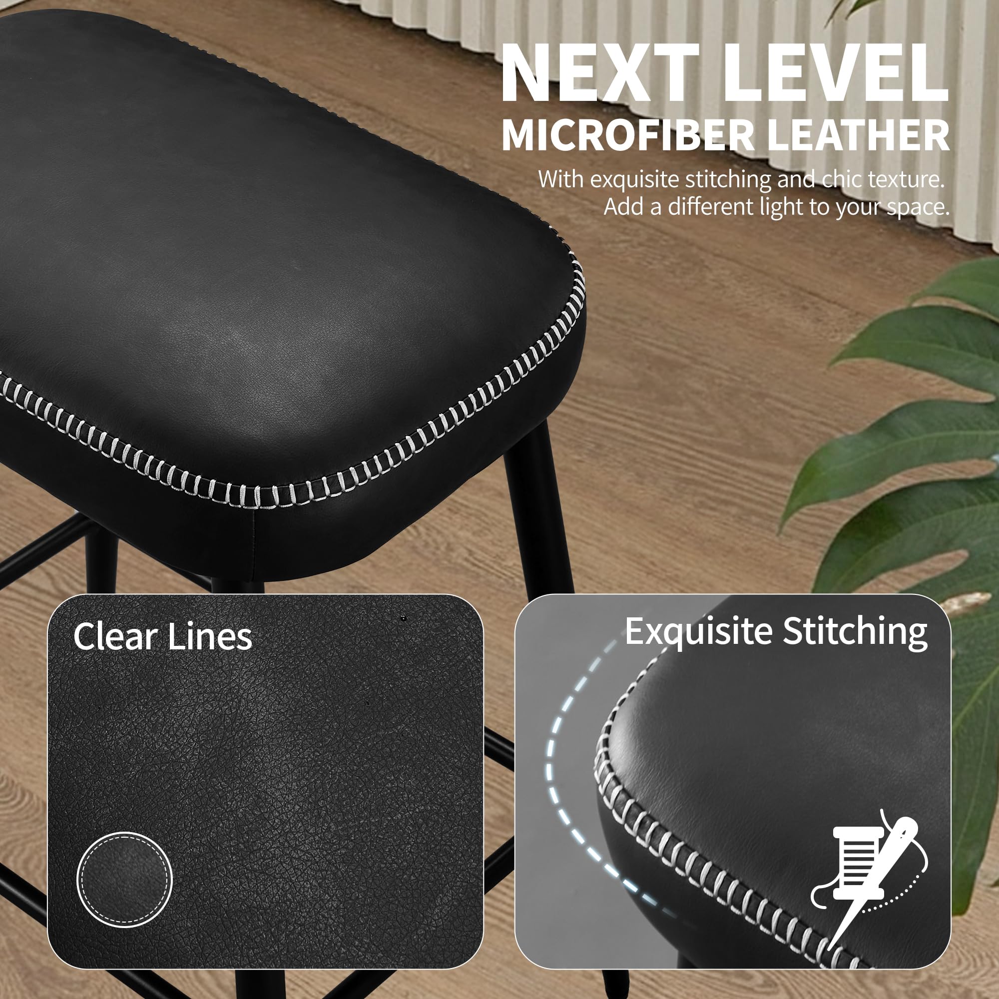 Bar Stools Set of 2, 24 Inch Counter Height Bar Stool for Kitchen Island, Modern Kitchen Bar Stools with Sturdy Metal Base and Thickened Cushion, Black