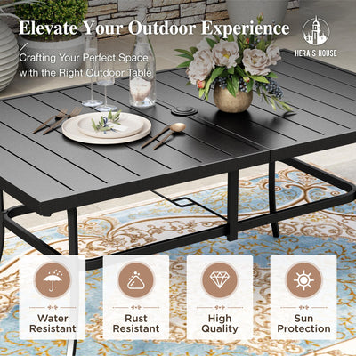 Outdoor Dining Set, Rectangle Metal Table with Double Umbrella Hole and 6 Armrest Chairs, Patio Table and Chairs for Backyard Garden Porch Deck (Blue)
