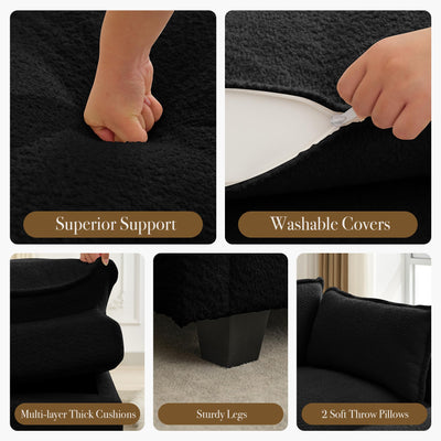 112'' Modular Sectional Cloud Couch with Movable Ottoman, 4 Seat Modern Chenille Sofa with 2 Throw Pillows, Deep Seat L Shaped Couch for Living Room Bedroom Apartment, Black