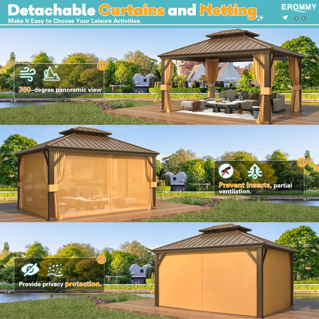 12' x 14' Hardtop Gazebo, Aluminum Frame Gazebos with Galvanized Steel Double Roof, Permanent Outdoor Metal Pavilion with Curtain and Netting for Patio, Lawn, Deck
