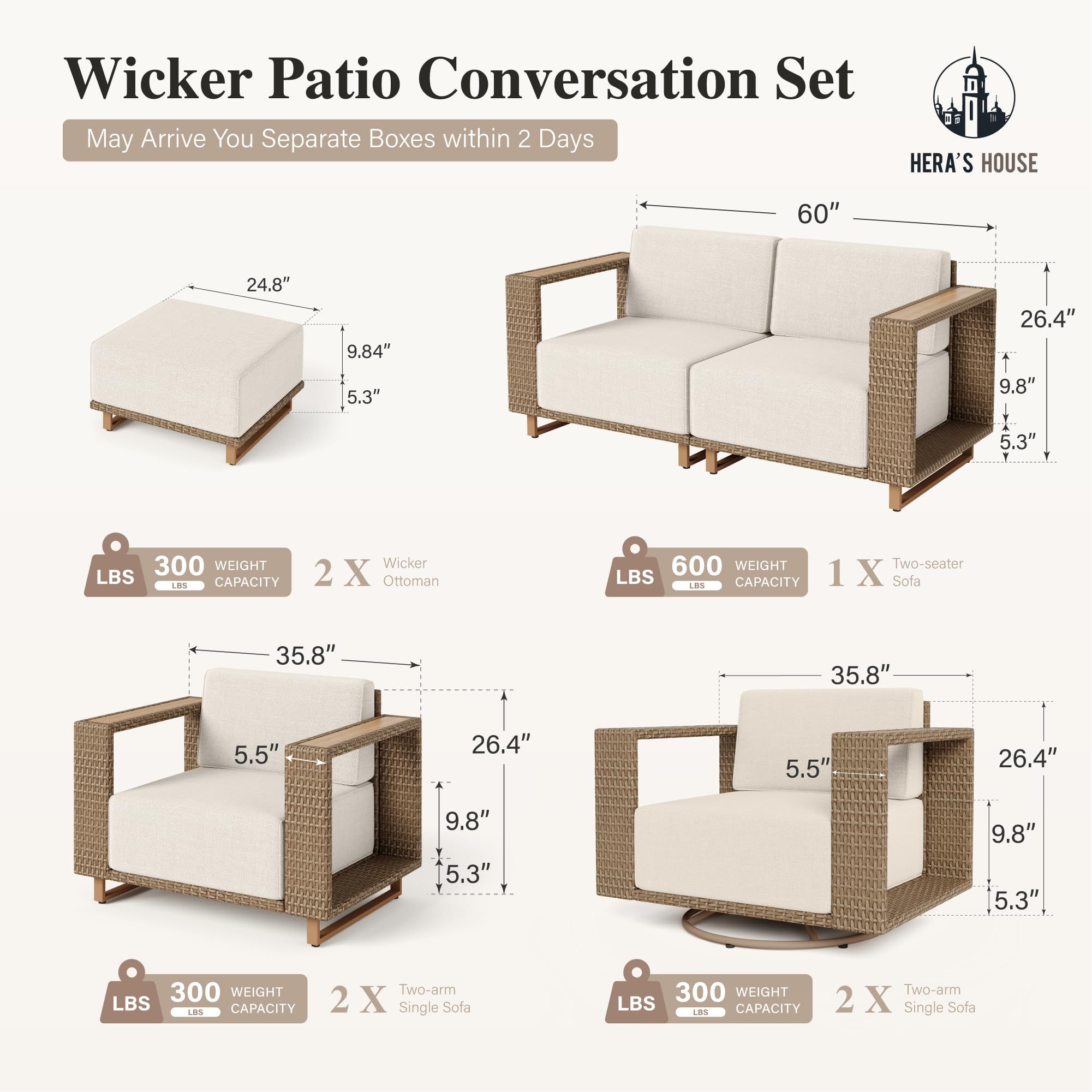 8 Pieces Patio Furniture Set, 4 Outdoor Sectional Rattan Wicker Sofas,2 Swivel Armchairs with 2 Ottomans, All Weather Couch Set with 5.3" Widened Armrest, 10" Ultra Thick Cushion