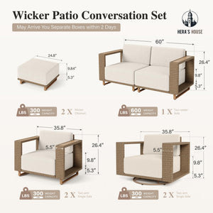 8 Pieces Patio Furniture Set, 4 Outdoor Sectional Rattan Wicker Sofas,2 Swivel Armchairs with 2 Ottomans, All Weather Couch Set with 5.3