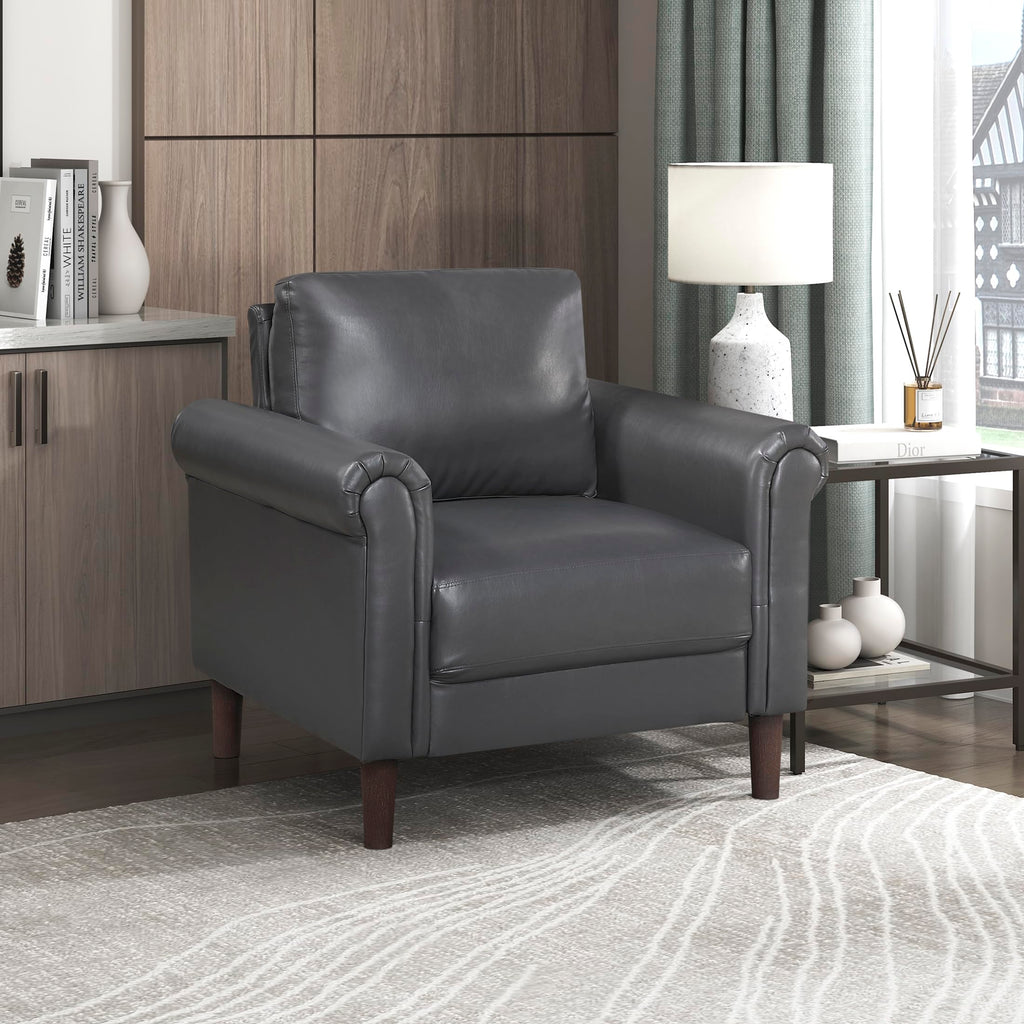 35" W Living Room Accent Chair, Faux Leather Upholstered Armchair with Rolled Arms & Wood-Look Feet, Traditional Single Sofa Chair for Living Room, Bedroom or Office - Dark Gray