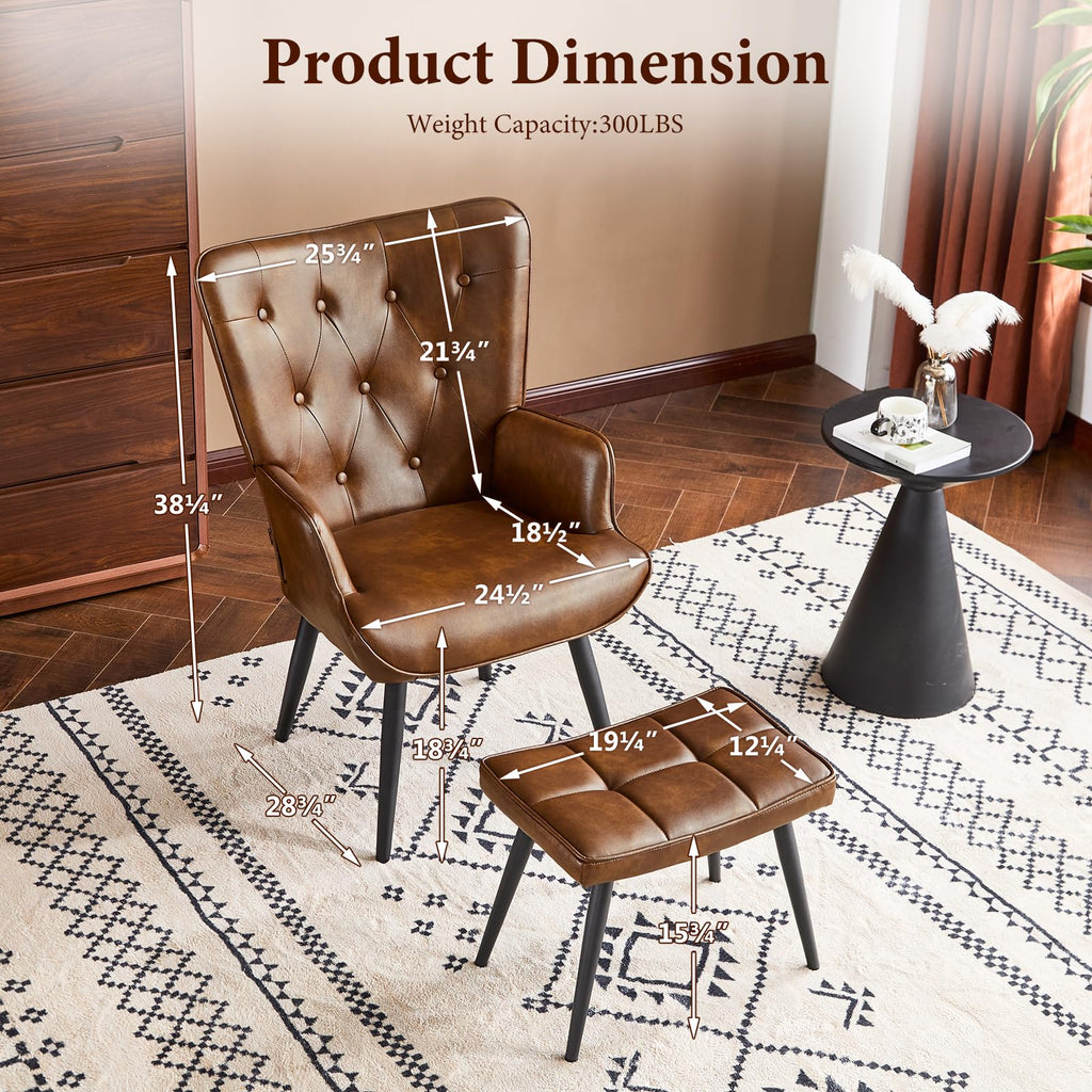 PU Leather Accent Chair with Ottoman, Upholstered Reading Chair with High Backrest, Tufted-Button Wingback Armchair for Bedroom, Dressing Room, Home Office, Brown