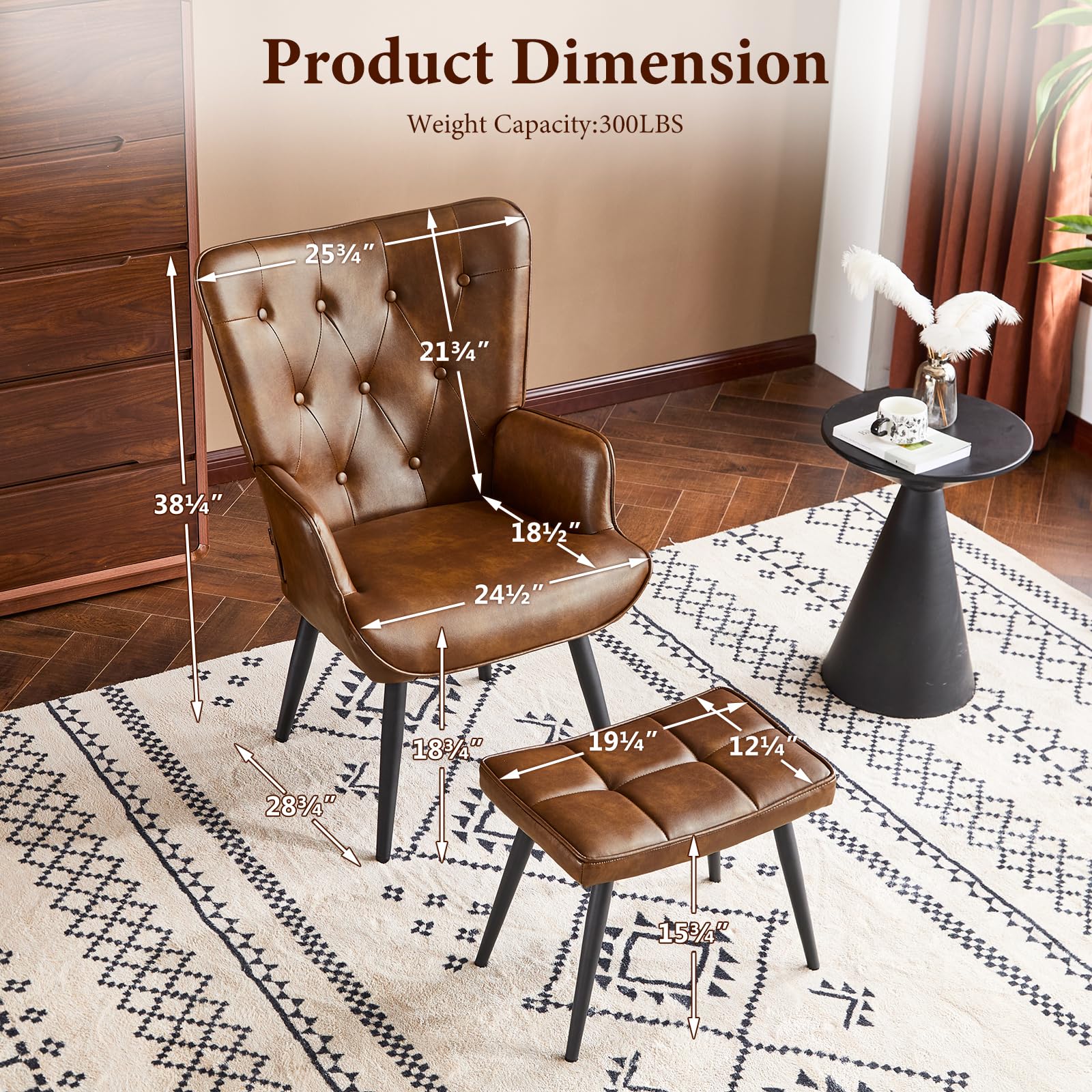 PU Leather Accent Chair with Ottoman, Upholstered Reading Chair with High Backrest, Tufted-Button Wingback Armchair for Bedroom, Dressing Room, Home Office, Brown