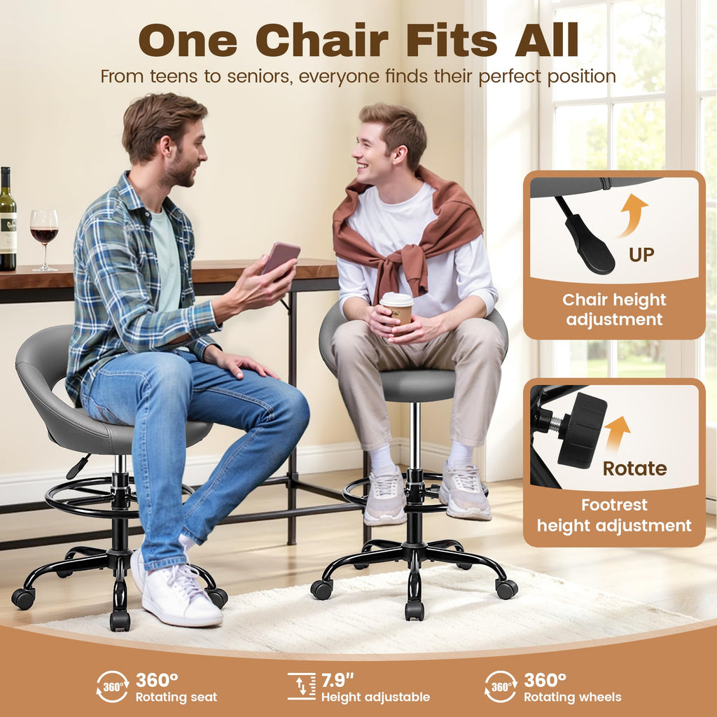 Gray 2 Pack, Drafting Chair with Back, Height Adjustable Rolling Stool with Foot Rest, Tall 360° Swivel Stool PU Leather Chair with Wheels for Home Office, Standing Desk