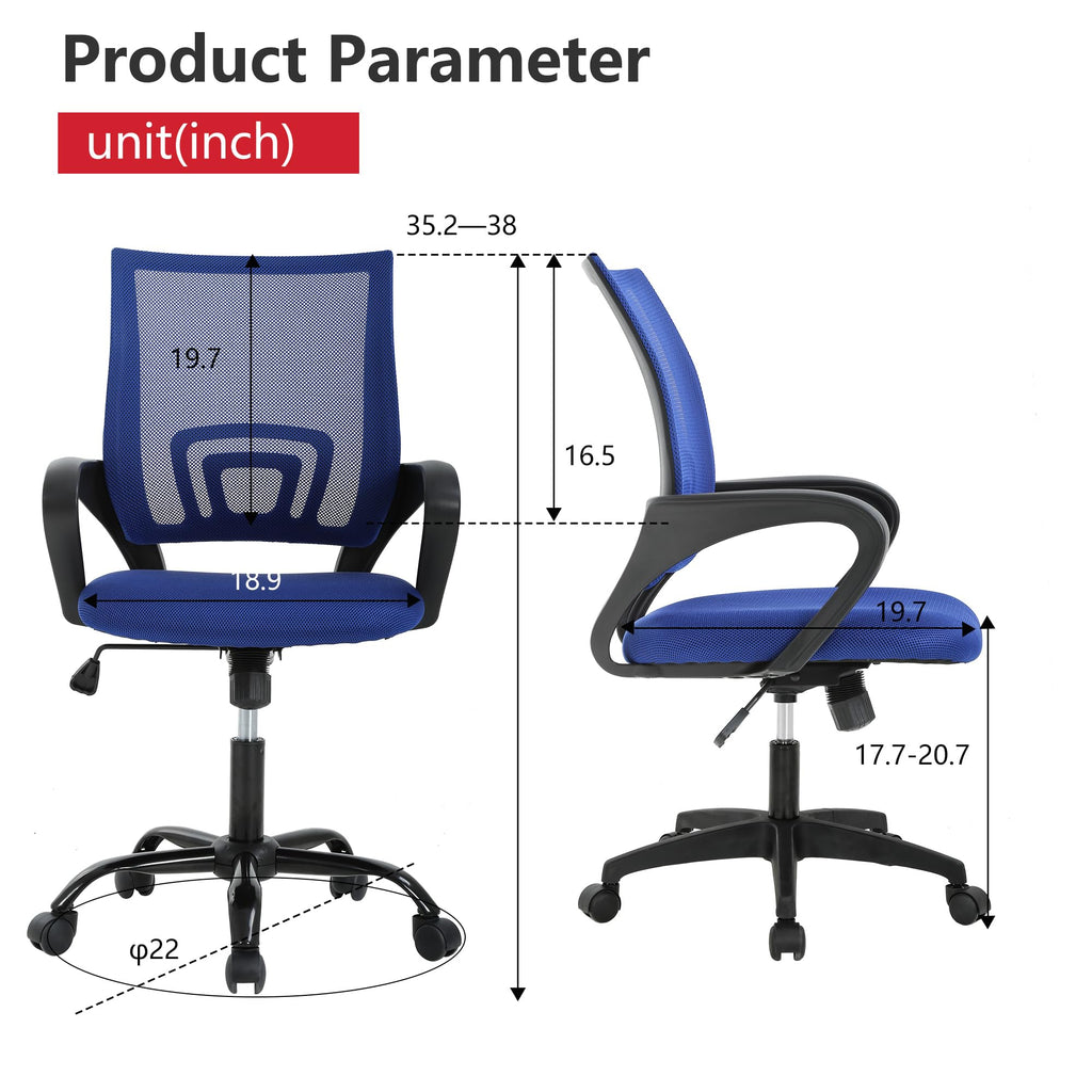 Ergonomic Office Chair | Mid-Back Swivel Desk Chair | Breathable Backrest & Lumbar Support | Adjustable Height | Sponge Seat | Rolling Wheels | Dark Blue | for Adults & Women