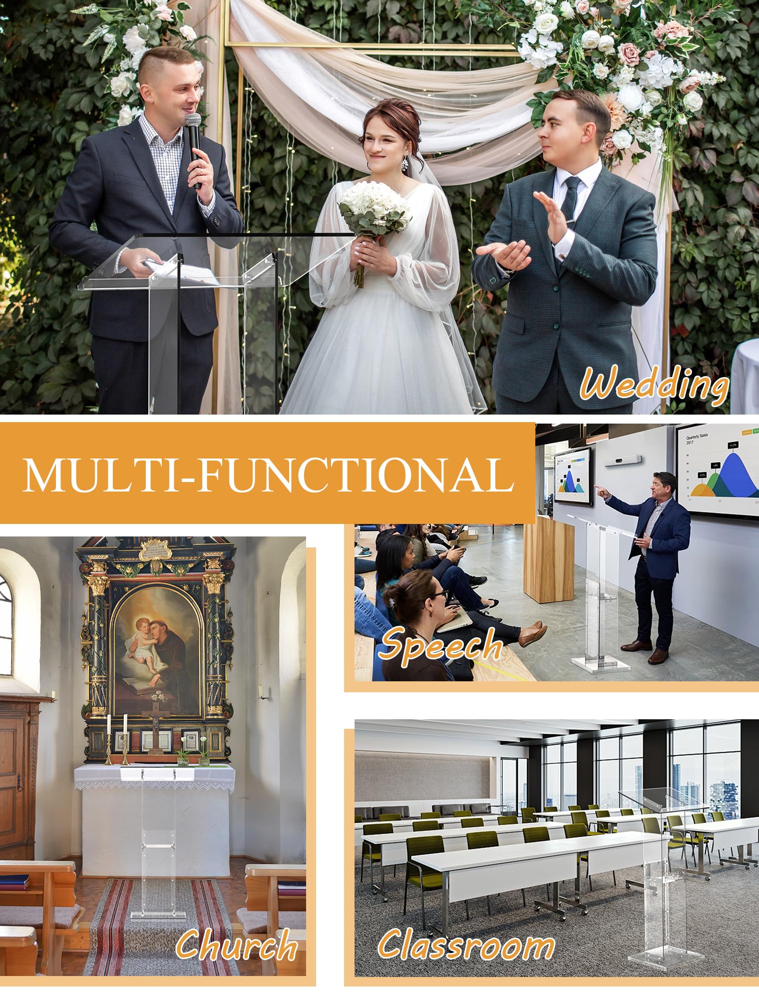 Podium Stand with Storage Shelf, 45.5" Modern Clear Lectern with Reading Platform for Classroom, Weddings, Conference, Concert, Professional Presentation Podiums