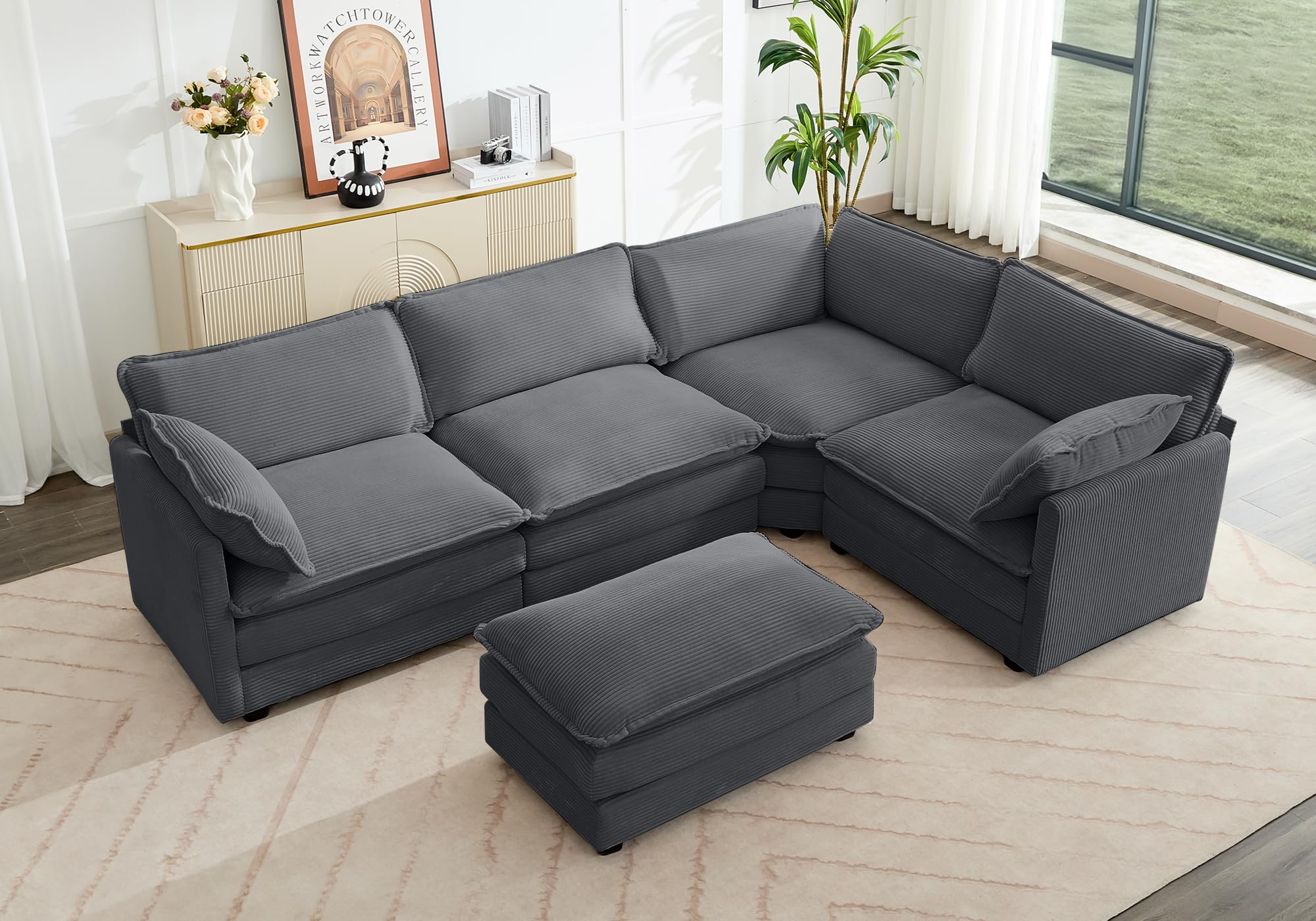 113'' Modular Sectional Cloud Corner Couch, 5 Seater L Shape Sofa Big Comfy Corduroy Oversized Couch with 2 Pillows Movable Ottoman, Deep Seat Sectional Couches for Living Room Office Dark Grey