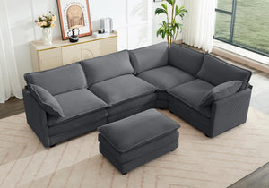 113'' Modular Sectional Cloud Corner Couch, 5 Seater L Shape Sofa Big Comfy Corduroy Oversized Couch with 2 Pillows Movable Ottoman, Deep Seat Sectional Couches for Living Room Office Dark Grey