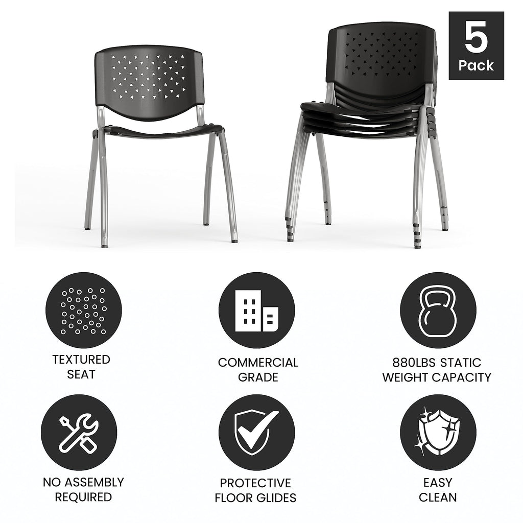 Hercules Series Plastic Contoured Lobby Chairs with Perforated Backs, Ergonomic Stacking Chairs for Offices, Set of 5, Gray