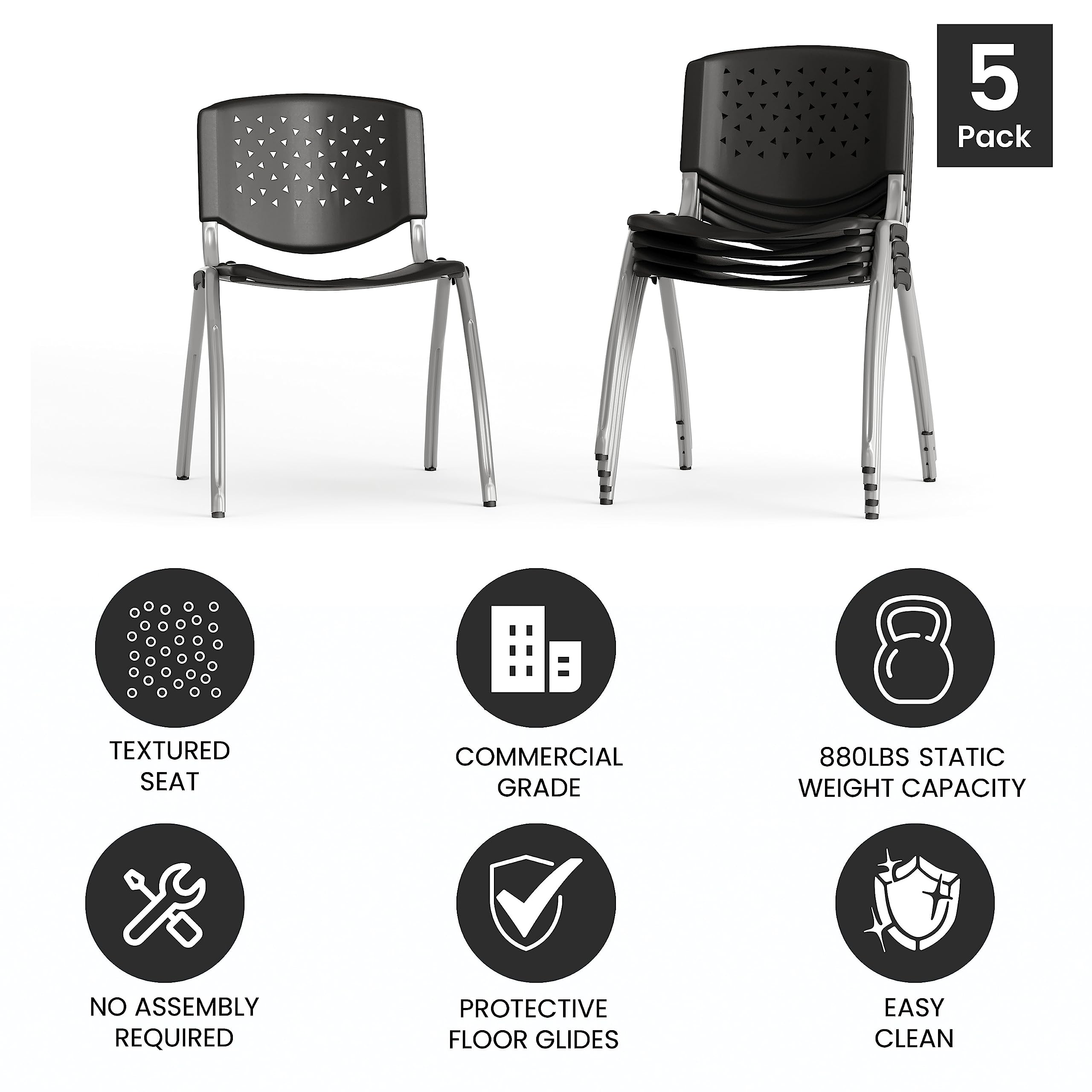 Hercules Series Plastic Contoured Lobby Chairs with Perforated Backs, Ergonomic Stacking Chairs for Offices, Set of 5, Gray