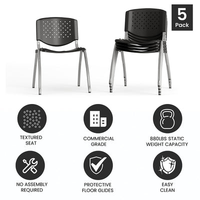 Hercules Series Plastic Contoured Lobby Chairs with Perforated Backs, Ergonomic Stacking Chairs for Offices, Set of 5, Gray