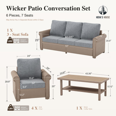 6-Piece Patio Furniture Set, All Weather 7 Seats Outdoor Wicker Sofa with 44