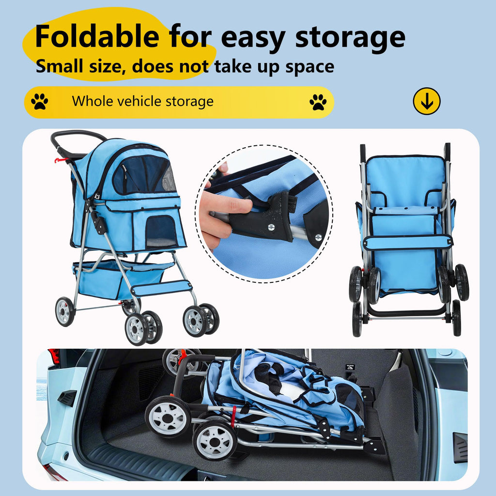 Pet Stroller 4-Wheel Dog Cat Stroller Travel Folding Carrier Puppy Stroller with Cup Holder and Removable Liner for Small Medium Dogs Cats, Blue