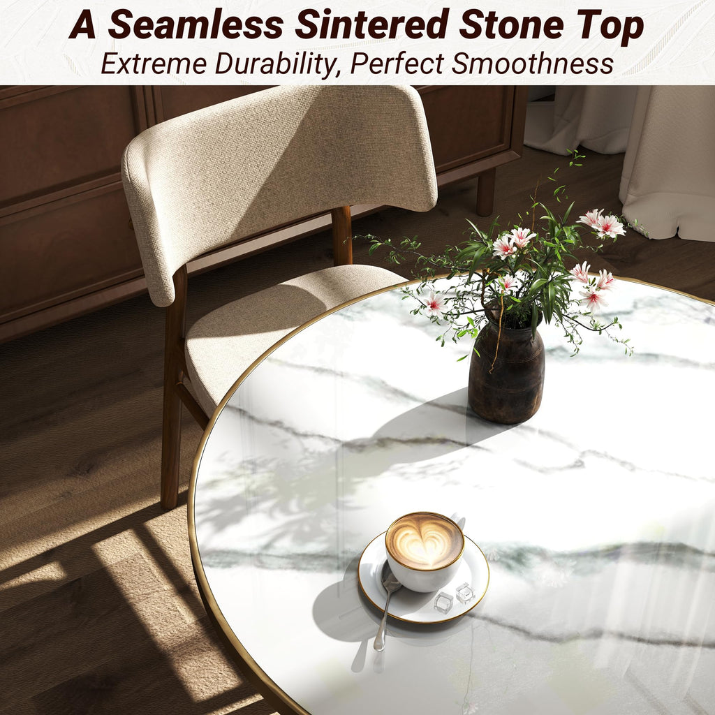 31.5" Tulip Table,Round Kitchen Dining Table for 2-4 with Thick Sintered Stone Top,Titanium Golden Pedestal Base,Heat-Resistant,Bistro Table for Dining Room,Café,Small Space（Flowing Traces）
