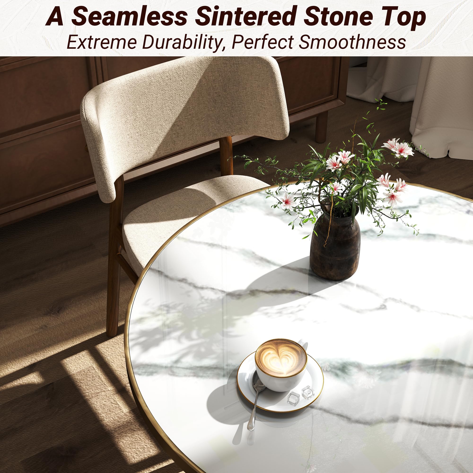 31.5" Tulip Table,Round Kitchen Dining Table for 2-4 with Thick Sintered Stone Top,Titanium Golden Pedestal Base,Heat-Resistant,Bistro Table for Dining Room,Café,Small Space（Flowing Traces）