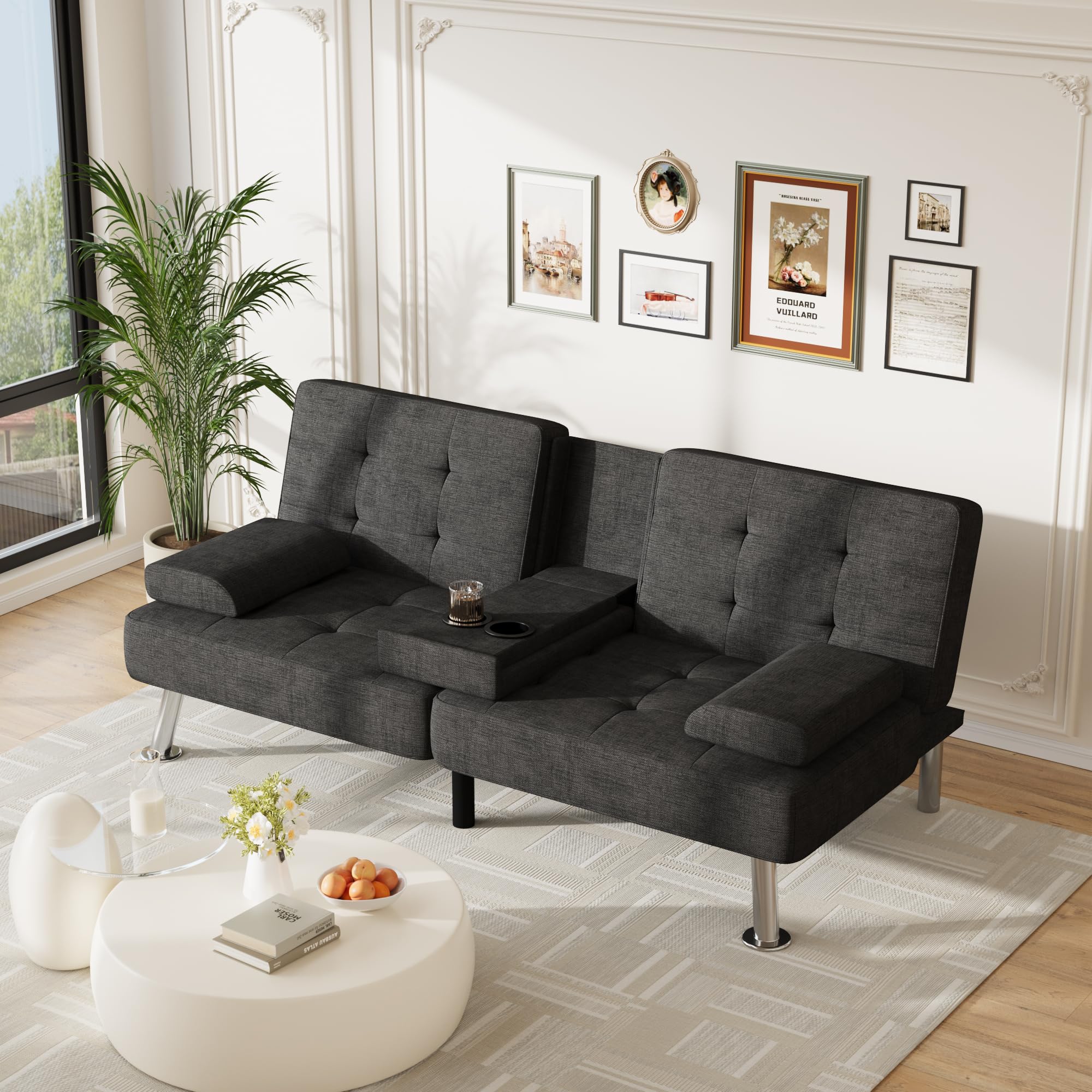 Sofa Bed Adjustable Futon Couch Sleeper Sofa Bed for Living Room, Business Office, Recliner Sofas with Cup Holders (Fabric, Black)