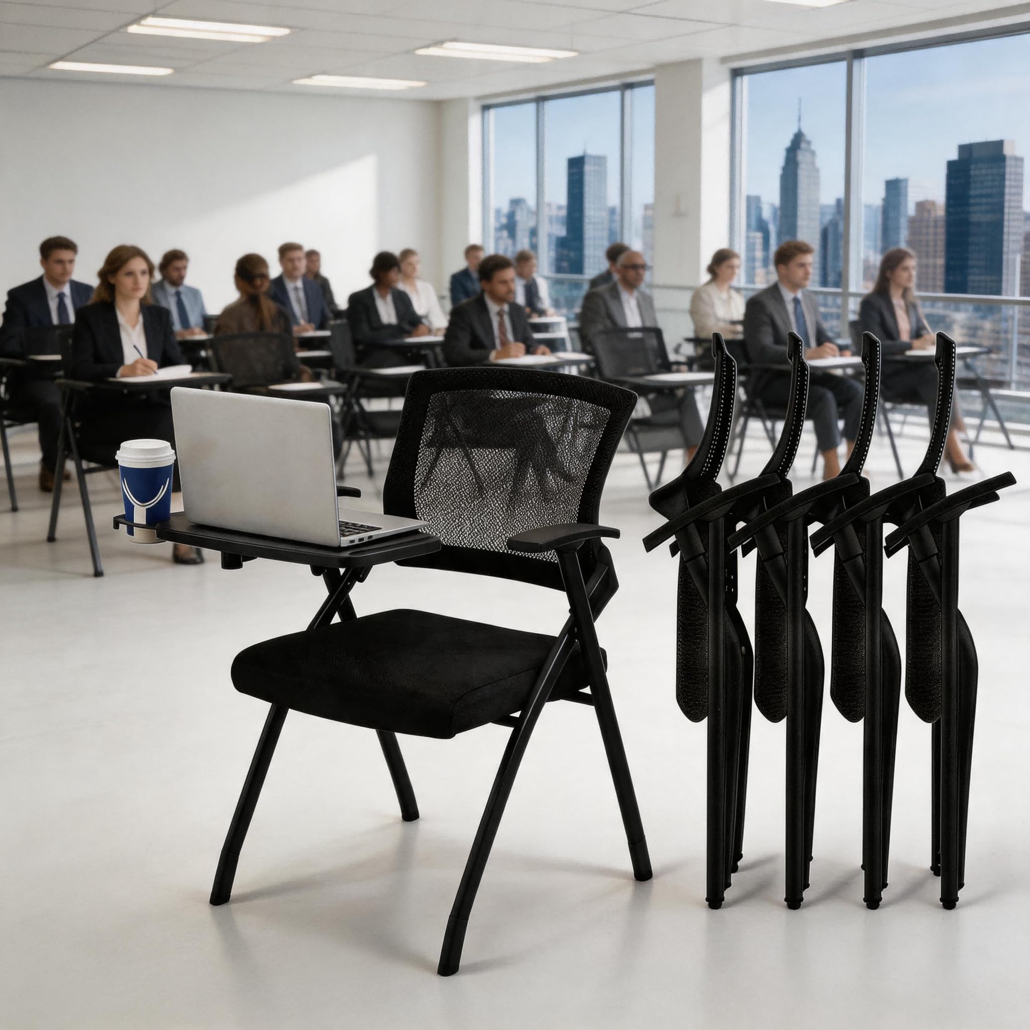 50 Pcs, Folding Training Chairs with Desk Attached, Mobile Office Meeting Chair with Writing Tablet and Cup Holder, Space-Saving Nesting Conference Chair for Classroom, Seminar